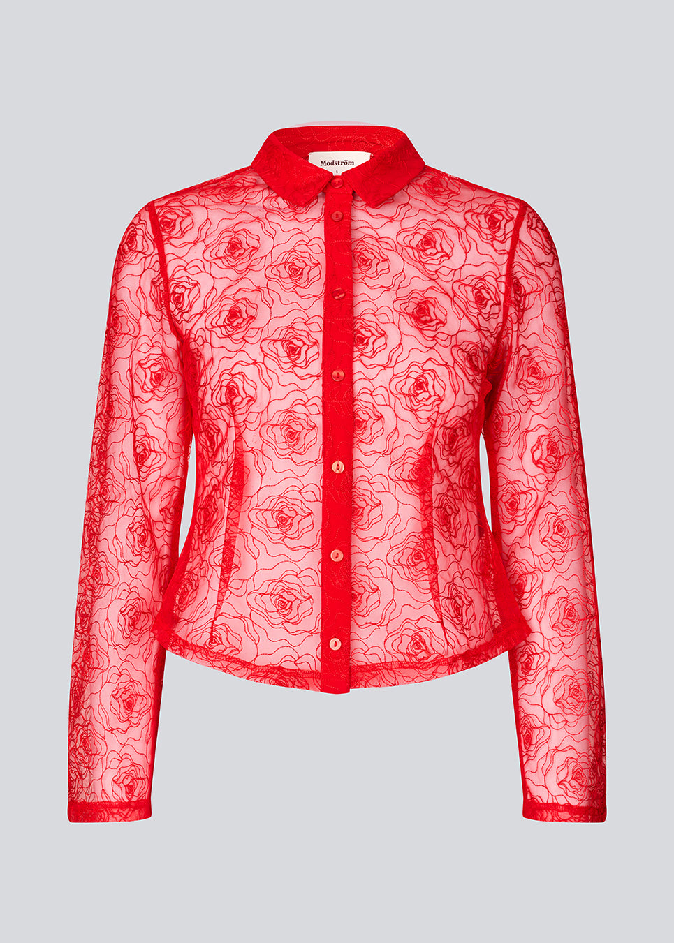 Rød figursyet skjorte i gennemsigtig materiale. Roccomd shirt har en klassisk krave og knaplukning med et smuk syet rosenmønster – feminin og stilfuld.