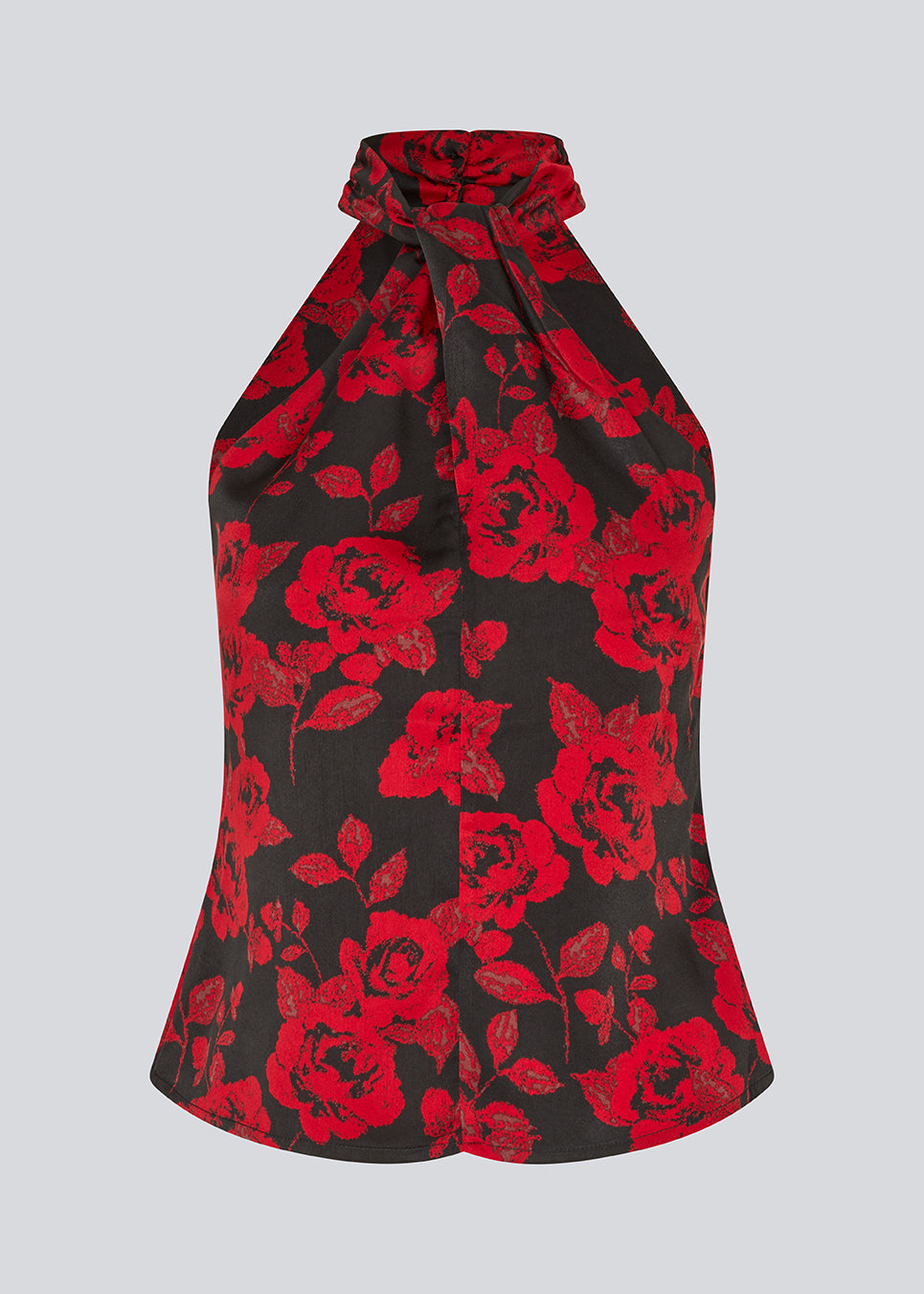 Halterneck top i et smukt rosenprint. Ruthiemd print top har en flot bar ryg og er lavet i genanvendt polyester - en klassisk og elegant styles.
