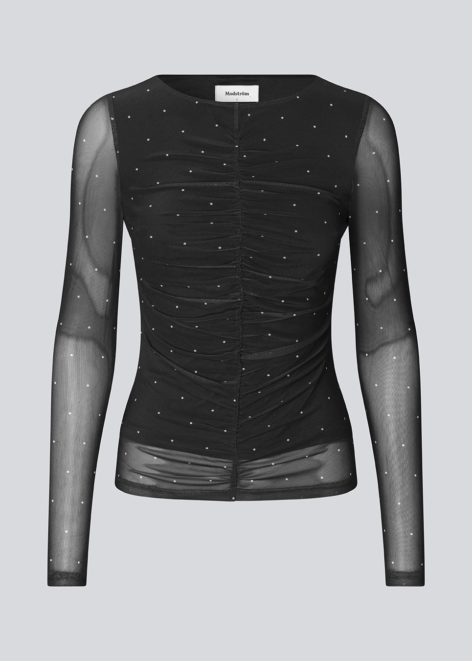 Langærmet mesh-top med prikker. Samalamd print top har en scrunch-detalje foran og en fastsyet undertrøje for et ikke-gennemsigtigt look. Fremstillet i 92 % genanvendt polyester. Perfekt til både hverdag og fest.
