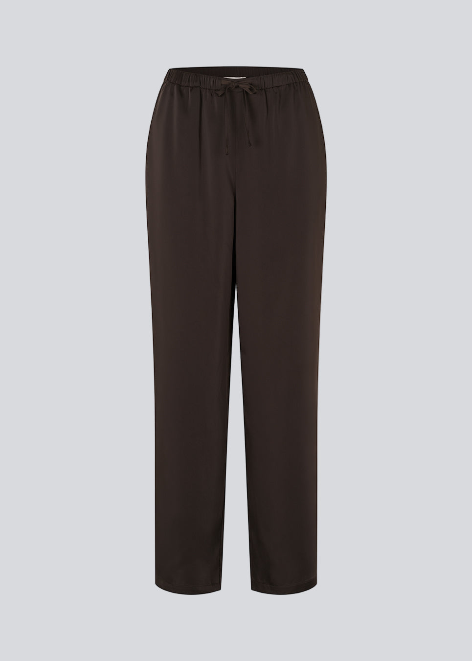 Brune løse satin bukser. Timmiemd pants har brede ben, lommer og en bindelunkning. Et afsalappet fit med et elegant udtryk.