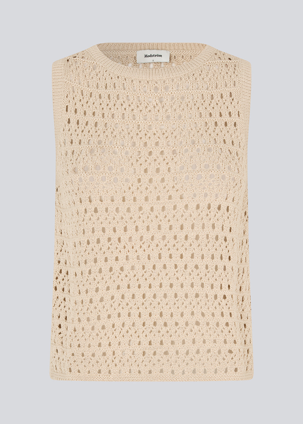 Strikket beige ærmeløs top med hulmønster, perfekt til lag-på-lag. VesterMD top er fremstillet i 100% økologisk bomuld og har en klassisk rund hals.