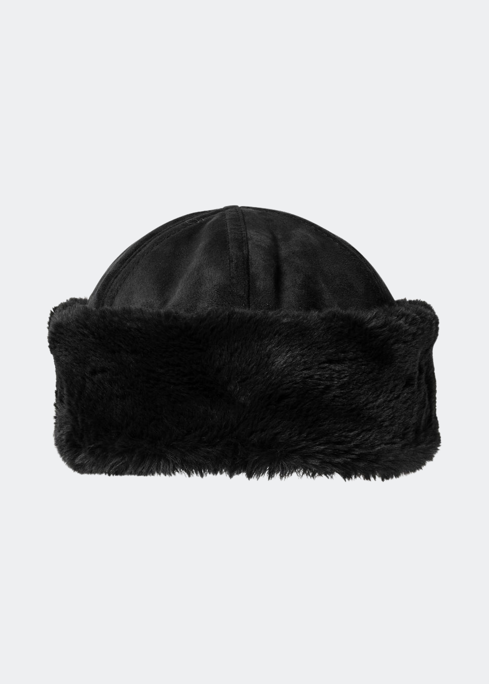 Sort hat i imiteret ruskindsmateriale med faux fur detaljer. Feddiemd hat har en bred og opfoldet kant.