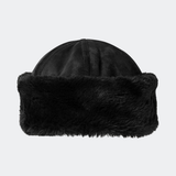 Sort hat i imiteret ruskindsmateriale med faux fur detaljer. Feddiemd hat har en bred og opfoldet kant.