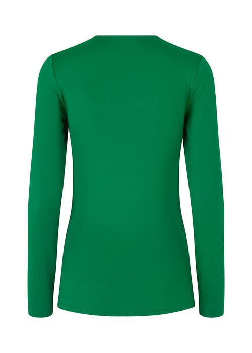 Langærmet bluse i grøn med kropsnær pasform og i elastisk materiale. ArniMD top har en høj v-udskæring med wrap-effekt foran.