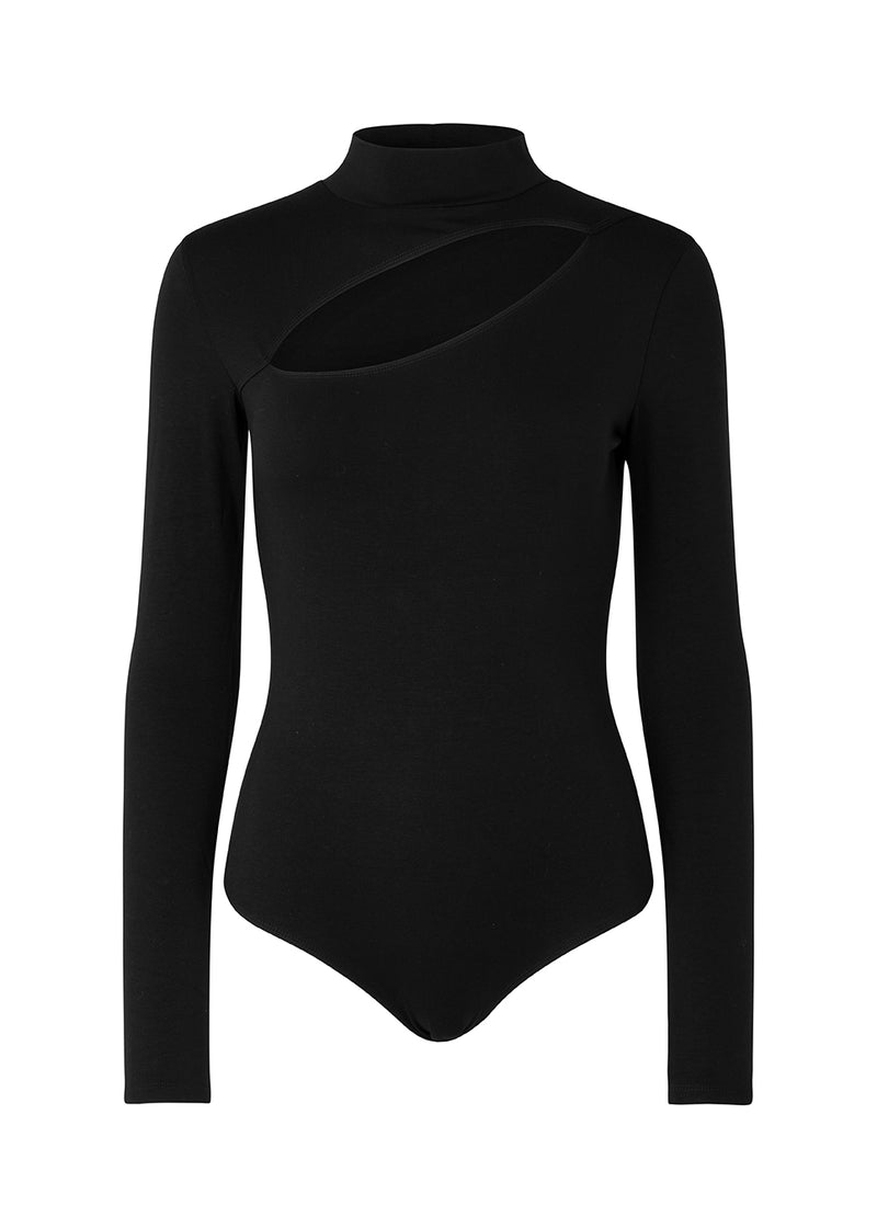 Tætsiddende bodystocking i sort i blød jersey med lange ærmer, høj krave og åbning foran over brystet. Kile med skjulte trykknapper.