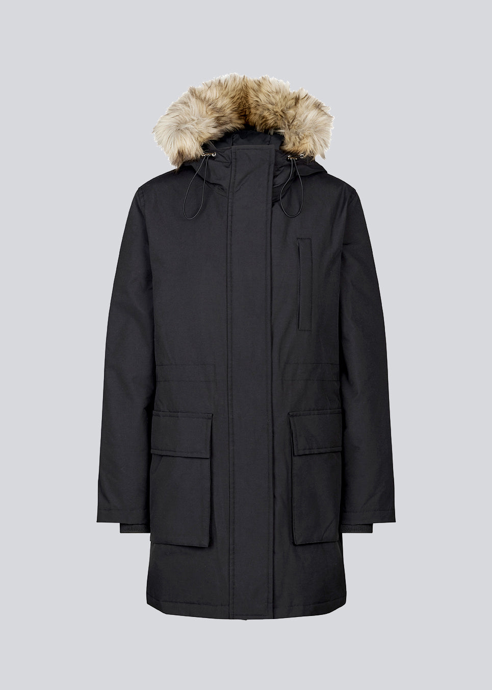 Teknisk jakke med for af dun. BaseMD jacket har justerbar hætte med kunstpels, store, påsyede forlommer og paspoleret brystlomme, samt lange ærmer med ribkant inderst.