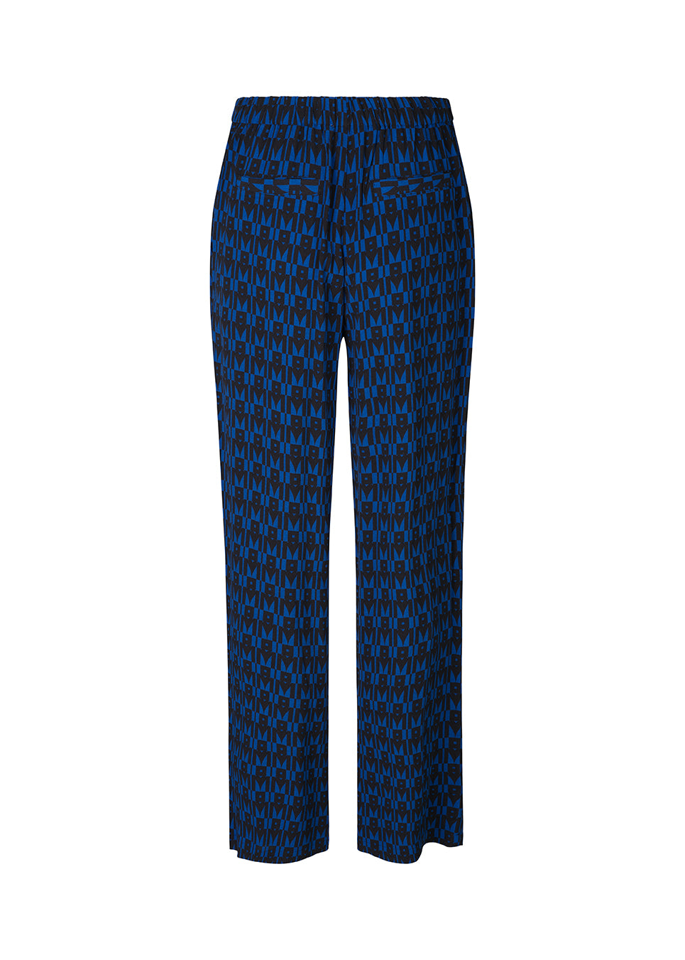 Bukser i blå print med lige, brede ben i en mere ansvarlig kvalitet. BorysMD print pants har en mellemhøj talje med knap og beklædt elastik bagpå. Skrå sidelommer og falske paspolerede baglommer.