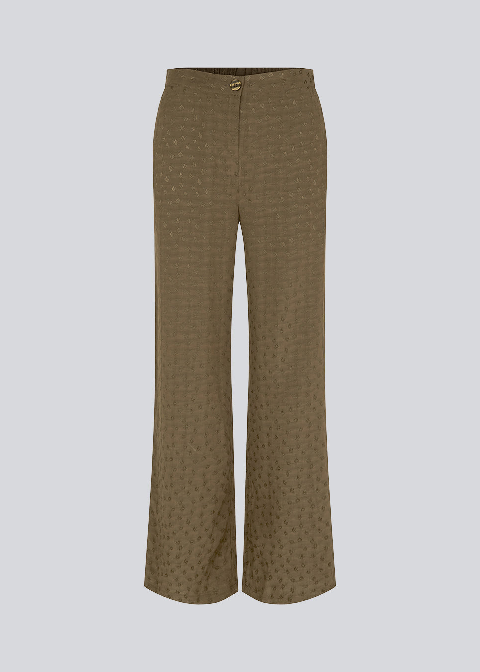 Bukser med brede ben i mønstret satin. CarmelMD pants har mellemhøj talje med lynlåsgylp og knap, samt elastik bagpå for ekstra komfort. Modellen er 177 cm og har en størrelse S/36 på.  Shop matchende skjorte: CarmelMD shirt, i samme farve.
