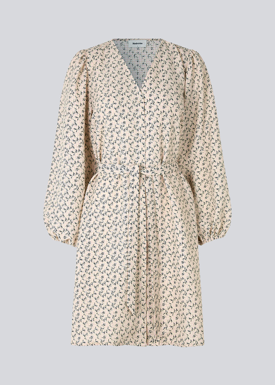 Kort kjole med print og lange pufærmer. ChrissyMD print dress har v-udskæring i halsen, lukkes med knapper foran og har bindebælte i taljen.
