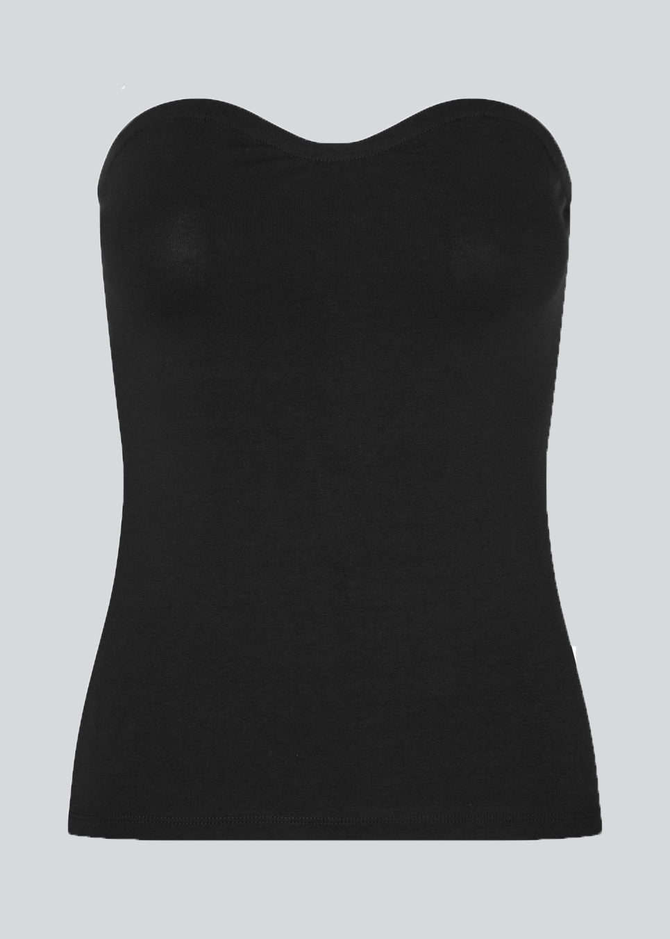 Tætsiddende tubetop i sort i blød, ribstrikket bomuldskvalitet. DaeMD tube top har hjerteformet udskæring med silikonekant på indersiden.  Materiale: 95% Bomuld 5% Elastan