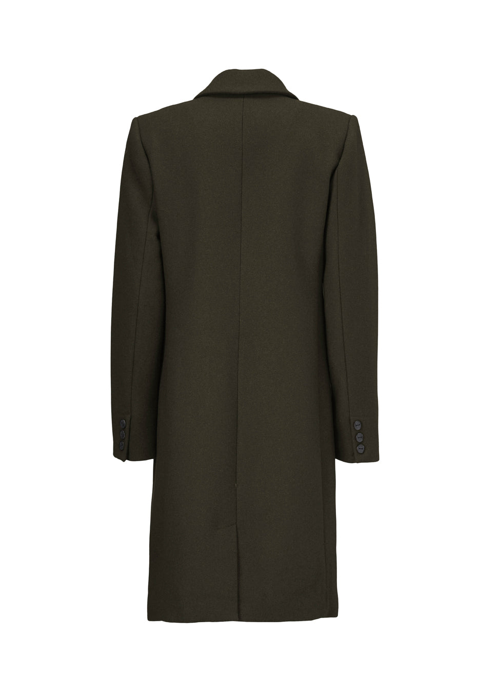 Smuk knælang uldfrakke. Pamela coat i farven Dark Army bliver knappet fortil af 3 store knapper og er taljeret, som giver et feminint udtryk. På grund af den høje kvalitet af uld, vil den være det oplagte valg at bruge til både efterår og de milde vintre.
