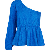 One shoulder top med et langt ærmer med puf og elastisk manchet. TalissaMD top er designet i et struktureret materiale med elastisk peplum-effekt ved taljen.