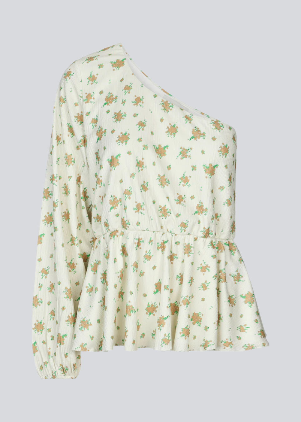Top i blomsterprint med peplum-detalje med elastik i taljen. ThymeMD print top har one shoulder-detalje med et langt ballonærme. Kroppen er foret.  Materiale: 2% Elastan 98% Polyester  Foer: 100% Polyester